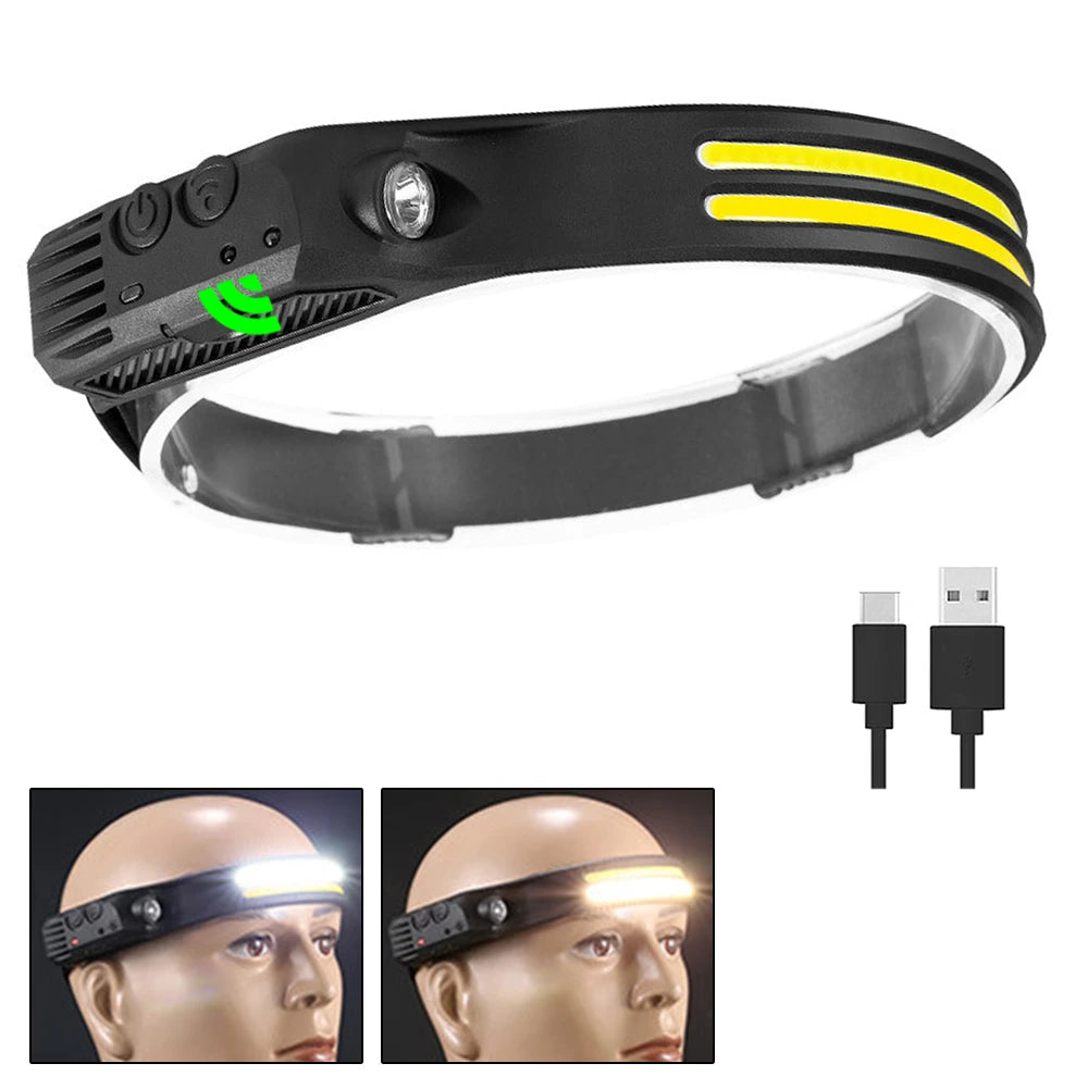 Sensor Headlamp COB LED Head Lamp Flashlight USB Rechargeable Head Torch 5 Lighting Modes Head Light with Built-in Battery-WAYBIKER