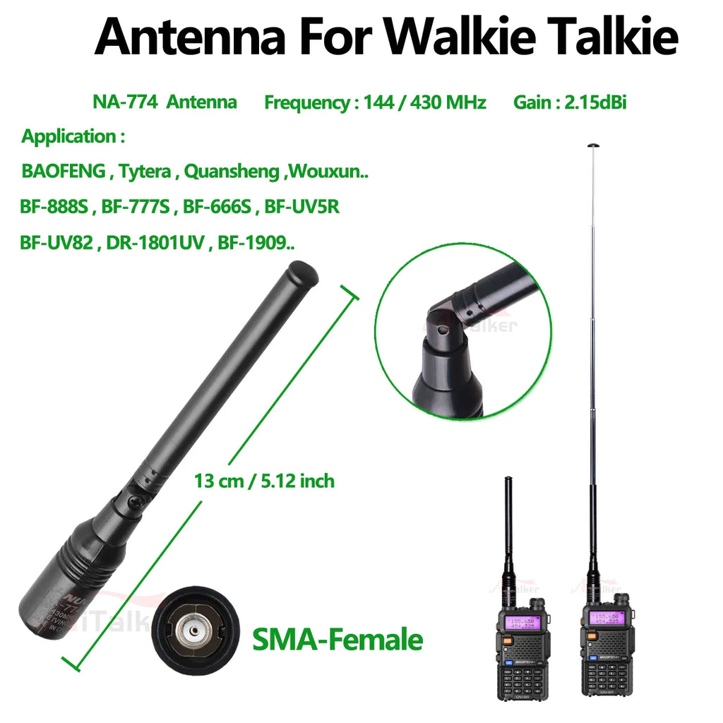 Quansheng UV-K5 Walkie Talkie Telescope Antenna NA-774 SMA-F UHF VHF 144Mhz 430Mhz Two Way Raido Talki Walki For BAOFENG UV-5R-WAYBIKER