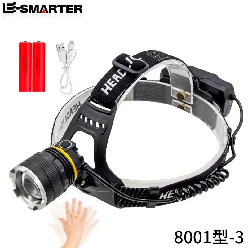 High Power Headlamp Flashlight LED Torch New XHP90 Sensor Headlight 18650 Rechargeable Fishing Camping Lantern-WAYBIKER