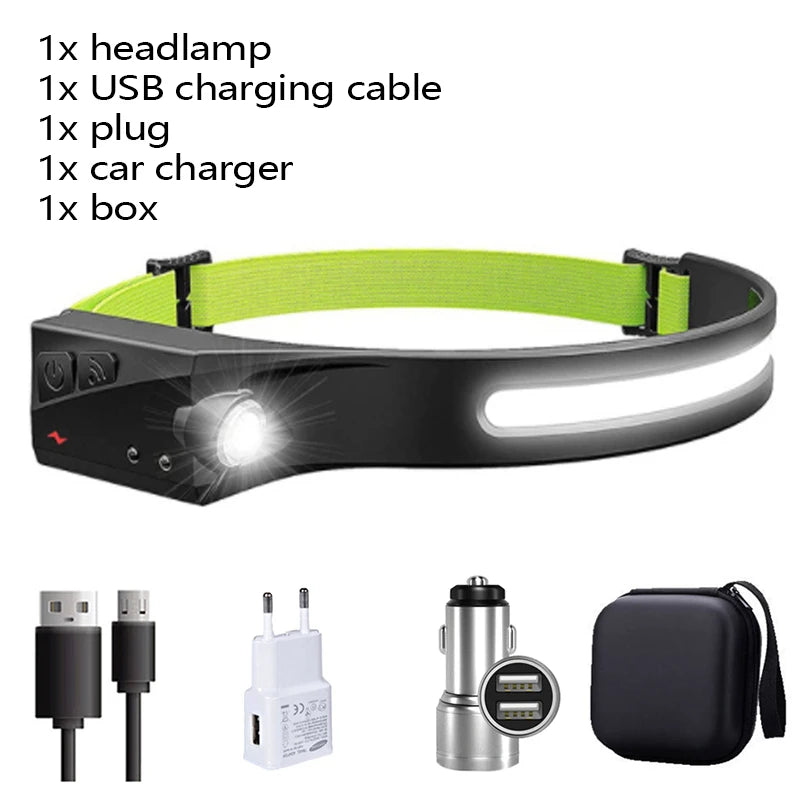 Portable COB LED Induction Headlamp Built-in Battery USB Rechargeable Waterproof Head Lamp 5 Lighting Mode Outdoor Camping Light-WAYBIKER