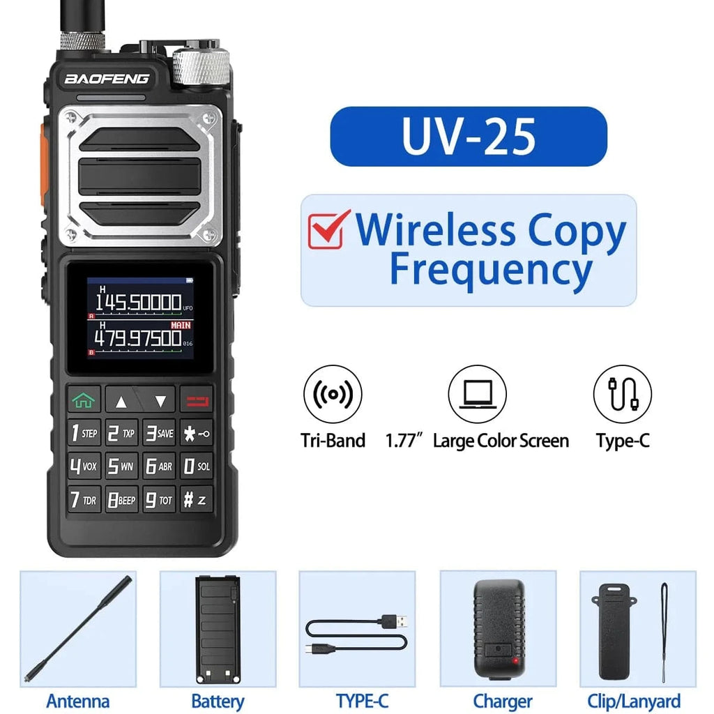 Baofeng UV-25 10W Walkie Talkie Tri Band Wireless Copy Frequency NOAA Type-C Charger FM Long Range High Power Ham Two Way Radio-WAYBIKER