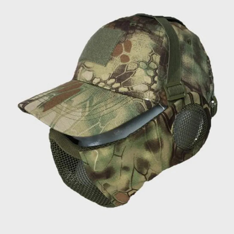 Tactical Foldable Masks Baseball Cap Adjustable Paintball Half Face Ow-Carbon Steel Mesh Mask Ear Protective for Airsoft Hunting-WAYBIKER