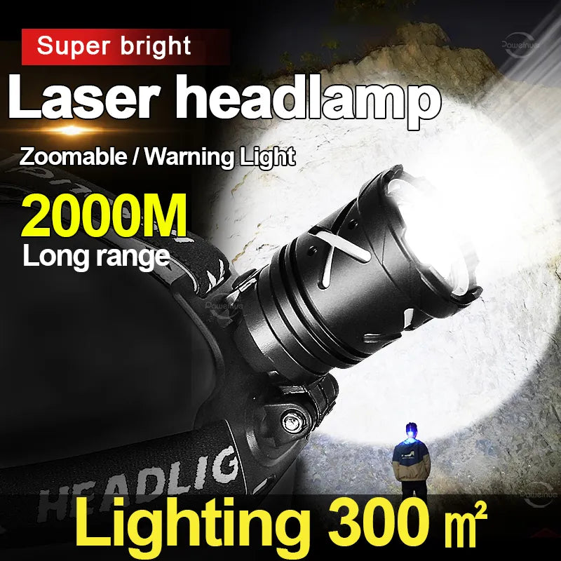 High Powerful Rechargeable Headlamp 2000M Laser LED Head flashlight Super Bright Headlight 18650 Fish Camping Head Lantern Torch-WAYBIKER