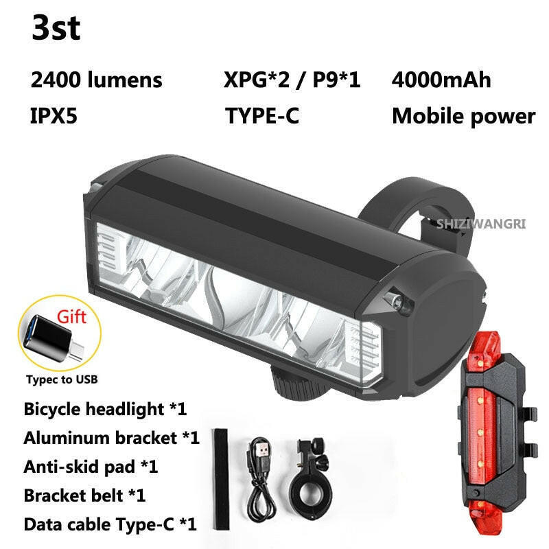 MTB Bike Light Front Rechargeable Led Flashlight Bicycle Light 4000mAh Front and Rear Headlight Bicycle Accessories-WAYBIKER