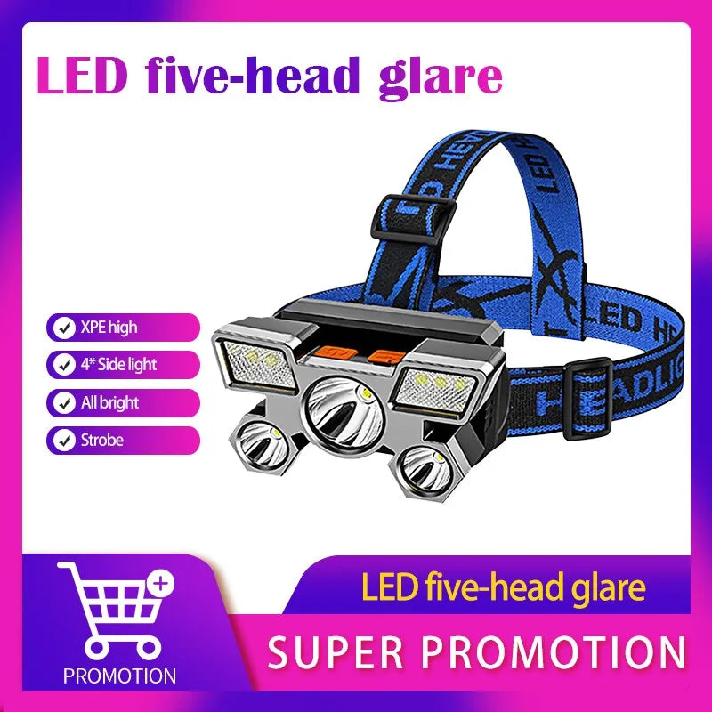 Led Five Head Headlight Strong Light Super Bright Rechargeable Fishing Lamp Long Range Head Mounted Mine Lamp Flashlight-WAYBIKER