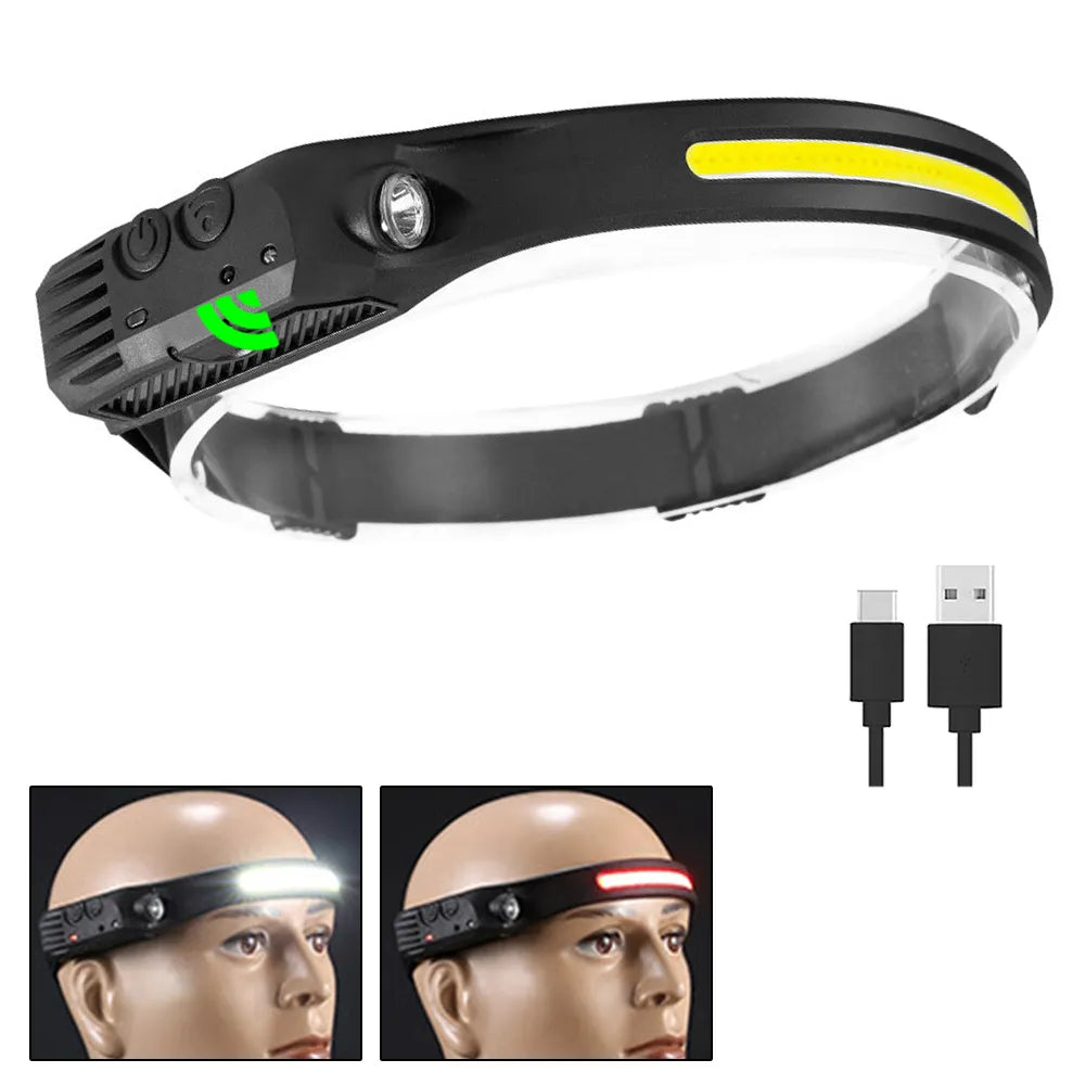 Wave Induction Headlamp COB LED Head Lamp With Built-in Battery Flashlight USB Rechargeable Torch Outdoor Lighting Work Light-WAYBIKER