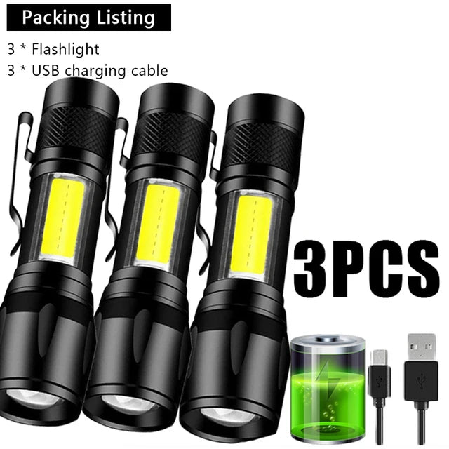 Mini Rechargeable LED Flashlight COB+XPE Portable Torch Camping Lantern Zoomable Focus Light Tactical Flashlight with Pen Clip-WAYBIKER