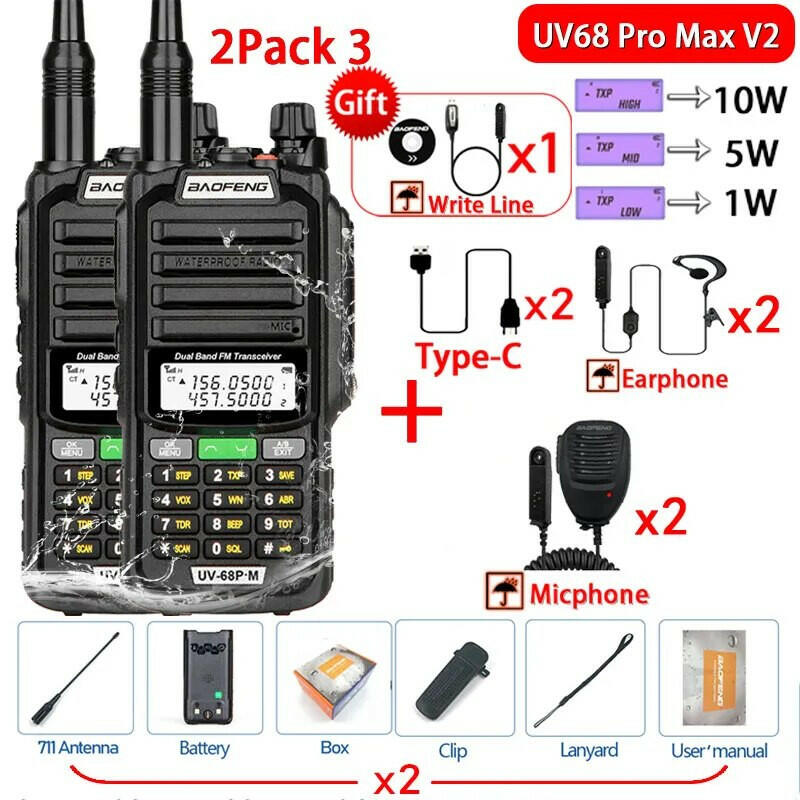 2Pack 10W Baofeng UV68 Pro Max V2 IP68 Waterproof Walkie Talkie High Power 711 Antenna VHF UHF Two Way Radio LongRange UV5R UV16-WAYBIKER