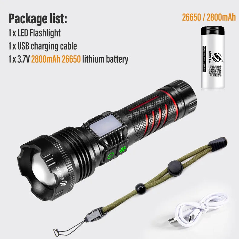 High Power LED Flashlight Torch with 30W Wick and Double Side Lights Lighting Distance 1500M Waterproof Tactical Hunting Lights-WAYBIKER