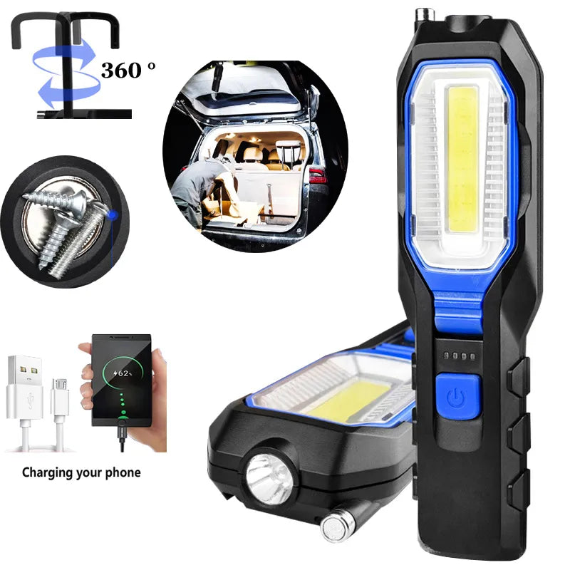 Portable Car Repair LED Flashlight USB Rechargeable COB Torch Waterproof Outdoor Lamp Camping Emergency Light With Magnet Hook-WAYBIKER