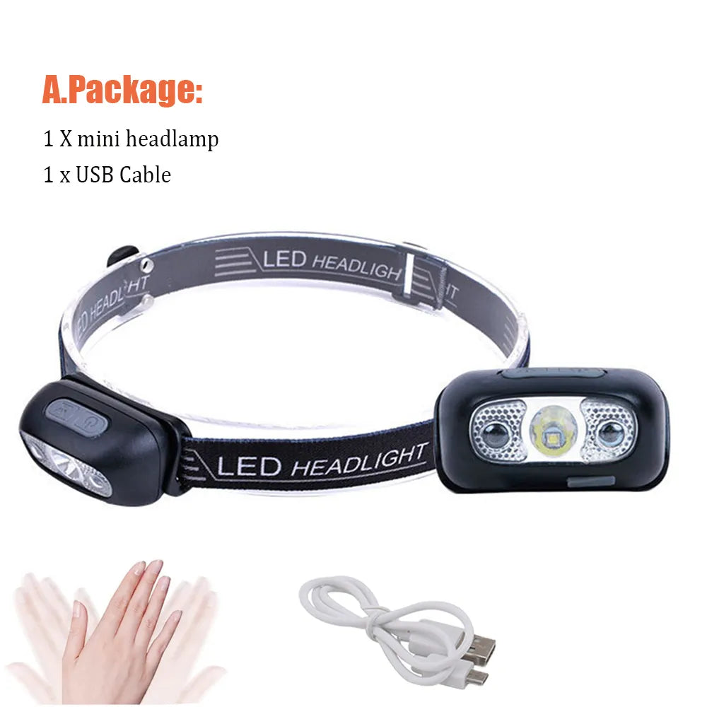 Mini Rechargeable Powerful Sensor Headlamp Fishing Camping USB Head Flashlight COB LED Head Light Torch Headlights Front Lantern-WAYBIKER