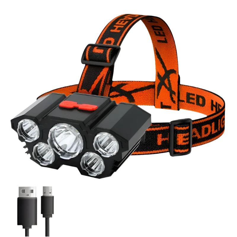 5 LED Flashlight Rechargeable with Built in 18650 Battery Strong Light Camping Adventure Fishing Head Light Headlamp-WAYBIKER