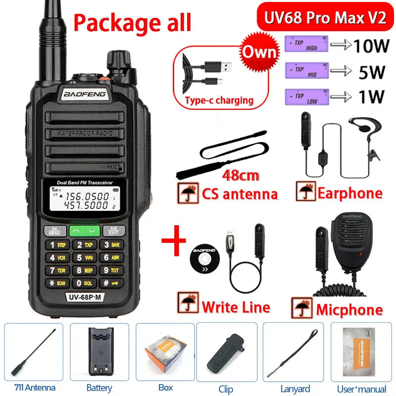 2023 Baofeng UV-68 Pro Max V2 10W IP68 Walkie Talkie Waterproof High Power CB Ham Long Range UV68 portable Two Way Radio hunting-WAYBIKER