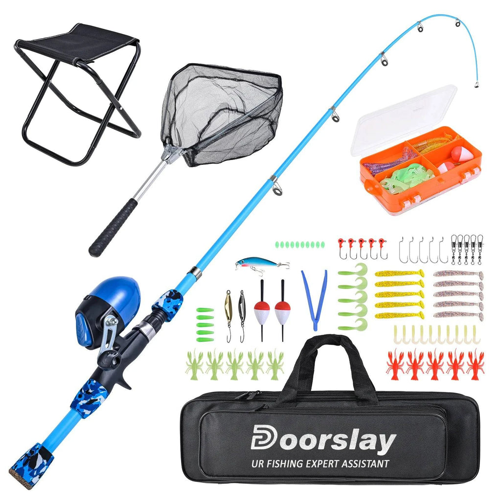 Kids Fishing Rod and Reel Combo with Collapsible Fishing Stool Landing Net Telescopic Fishing Pole Tackle Box Accessories-WAYBIKER