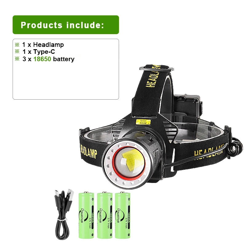 IR Sensor XHP360 Powerful LED Headlamp Rechargeable Head Flashlight XHP199 High Power Headlight 18650 Head Lamps Camping Lantern-WAYBIKER