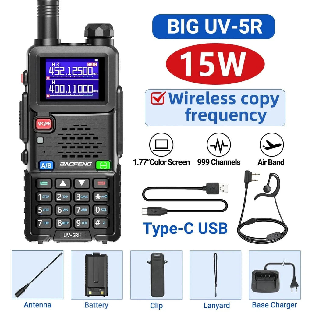 Baofeng UV-5RH Pro Max 15W Air Band Walkie Talkie Wirless Copy Frequency Tri-power Type-C NOAA Long Range 5RM Ham Two Way Radio-WAYBIKER