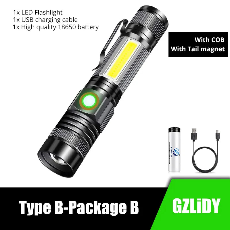 Super Bright T6 LED Flashlight USB Rechargeable Waterproof COB Torch Zoom Camping Lamp Portable 18650 Lantern with Tail Magnet-WAYBIKER