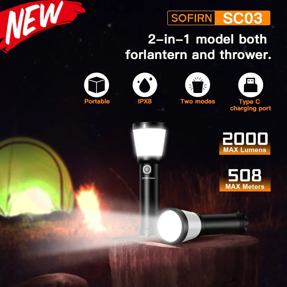 Sofirn SC03 Camping Light 2in1 2000LM Powerful Flashlight USB C Rechargeable 21700 Lantern Outdoor Torch with Combo Side Light-WAYBIKER