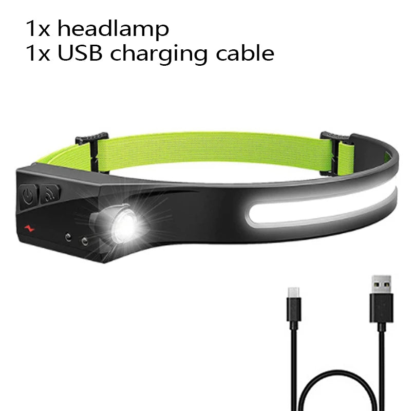 Portable COB LED Induction Headlamp Built-in Battery USB Rechargeable Waterproof Head Lamp 5 Lighting Mode Outdoor Camping Light-WAYBIKER