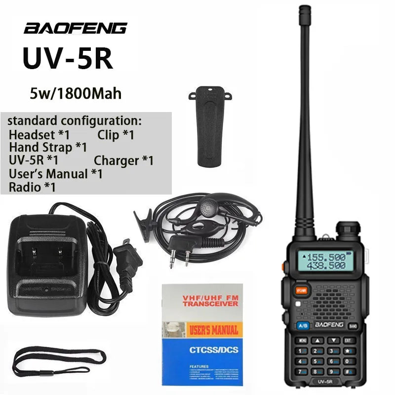 Baofeng UV5R LED Screen 5W Handheld High-power VHF/UHF136-174MHz&400-520MHz Dual Band Frequency Modulation 1800mah Walkie Talkie-WAYBIKER