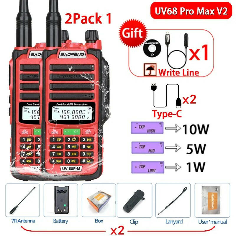 2Pack 10W Baofeng UV68 Pro Max V2 IP68 Waterproof Walkie Talkie High Power 711 Antenna VHF UHF Two Way Radio LongRange UV5R UV16-WAYBIKER