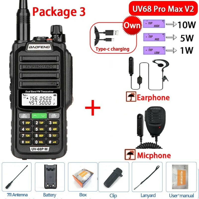 2023 Baofeng UV-68 Pro Max V2 10W IP68 Walkie Talkie Waterproof High Power CB Ham Long Range UV68 portable Two Way Radio hunting-WAYBIKER