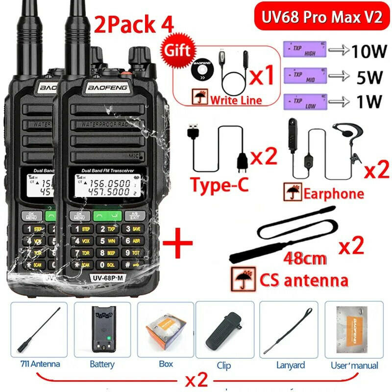 2Pack 10W Baofeng UV68 Pro Max V2 IP68 Waterproof Walkie Talkie High Power 711 Antenna VHF UHF Two Way Radio LongRange UV5R UV16-WAYBIKER