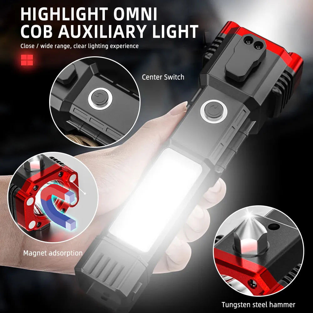 USB Charging Super Bright LED Flashlight with Safety Hammer Side Light Torch Light Portable Lantern Outdoor Adventure Lighting-WAYBIKER