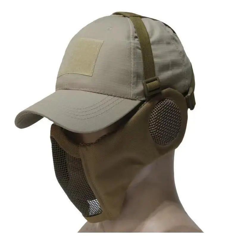 Tactical Foldable Masks Baseball Cap Adjustable Paintball Half Face Ow-Carbon Steel Mesh Mask Ear Protective for Airsoft Hunting-WAYBIKER