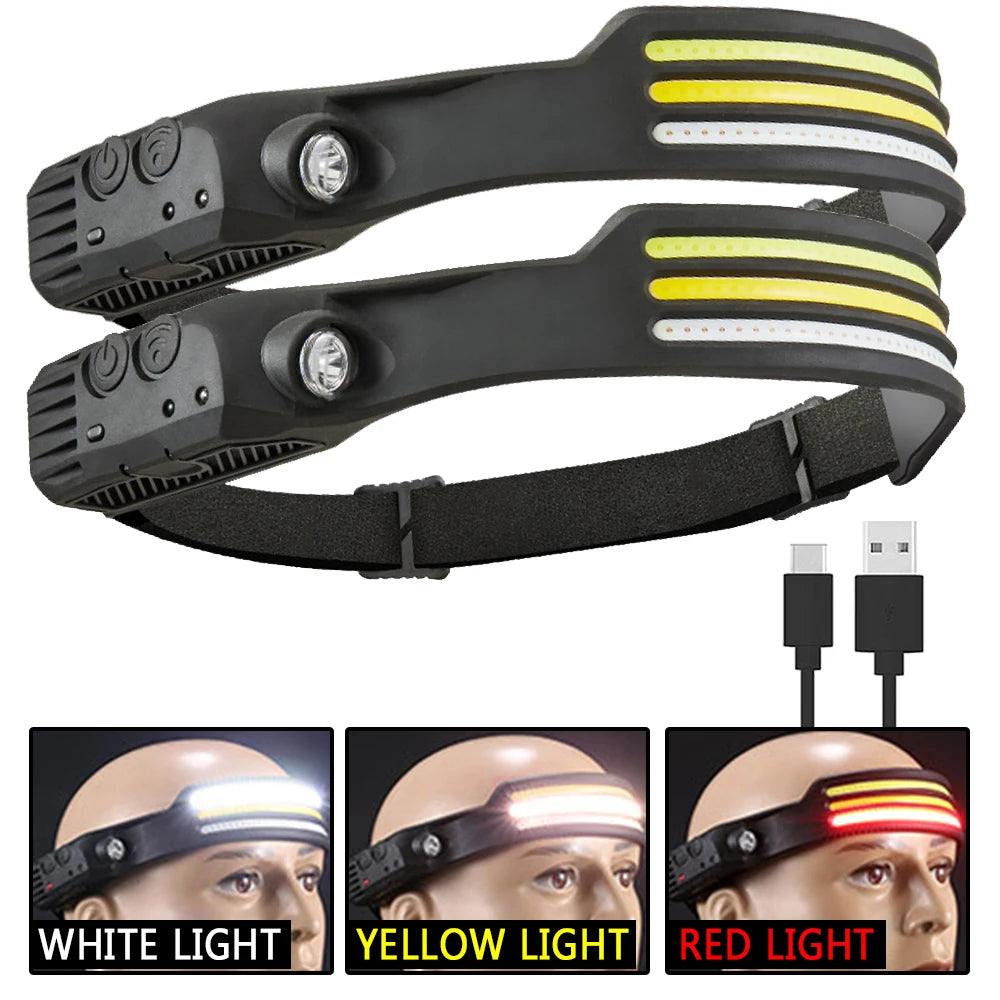 Sensor Headlamp COB LED Head Lamp Flashlight USB Rechargeable Head Torch 5 Lighting Modes Head Light with Built-in Battery-WAYBIKER