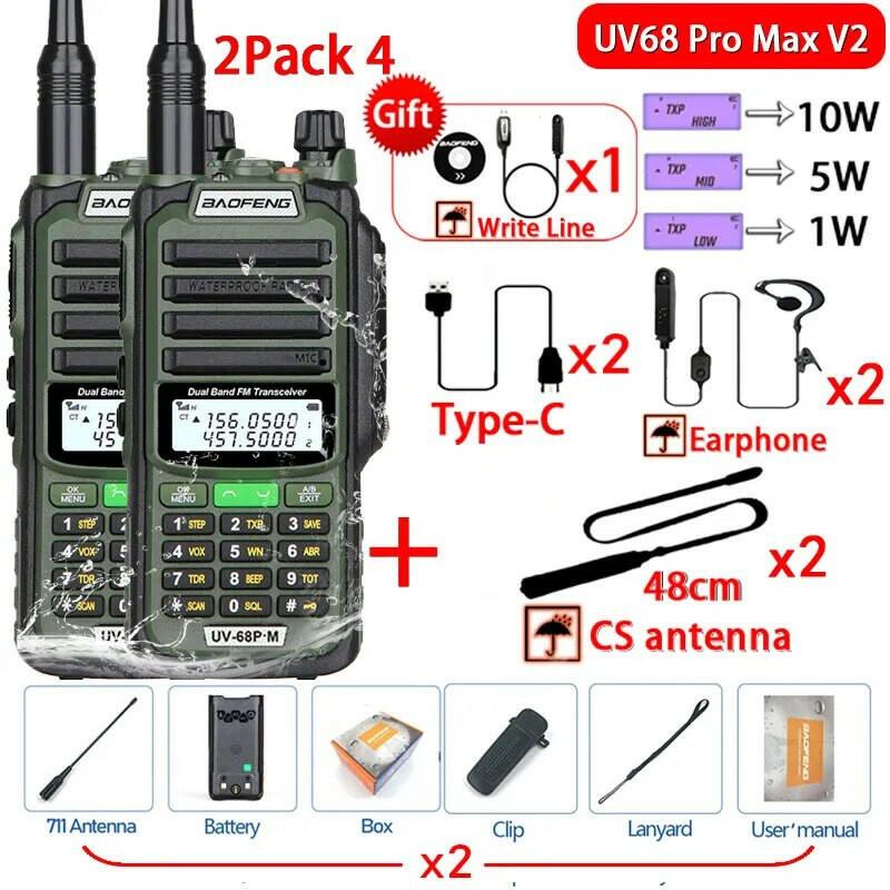 2Pack 10W Baofeng UV68 Pro Max V2 IP68 Waterproof Walkie Talkie High Power 711 Antenna VHF UHF Two Way Radio LongRange UV5R UV16-WAYBIKER