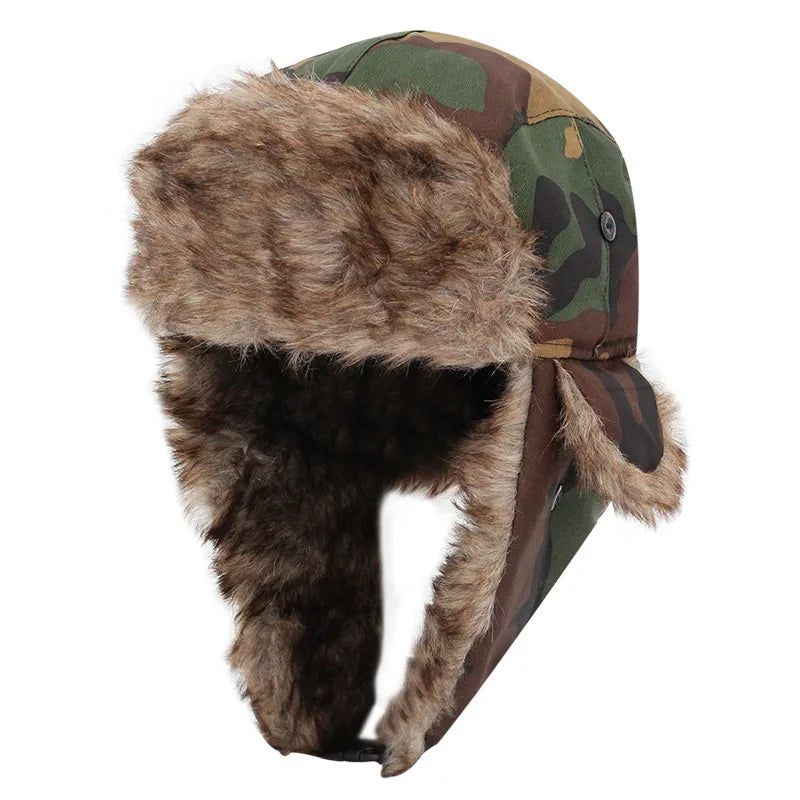 2023 Camouflag Winter Faux Fur Warm Men Women Lei Feng BomberEar Flap Cap Windproof Cycling Trooper Trapper Cold Anti-snow Hats-WAYBIKER