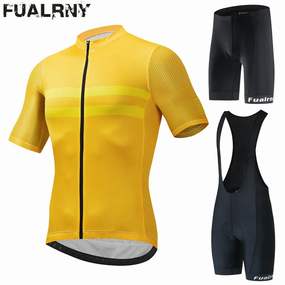 FUALRNY Cycling Jersey Set Summer Short Sleeve Breathable Yellow MTB Bike Cycling Clothing Maillot Ropa Ciclismo Uniform Suit-WAYBIKER