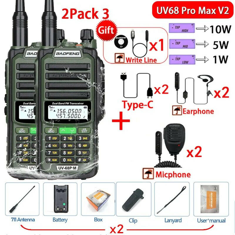 2Pack 10W Baofeng UV68 Pro Max V2 IP68 Waterproof Walkie Talkie High Power 711 Antenna VHF UHF Two Way Radio LongRange UV5R UV16-WAYBIKER