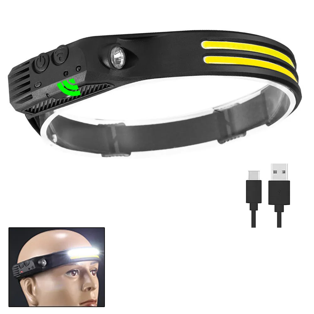 Wave Induction Headlamp COB LED Head Lamp With Built-in Battery Flashlight USB Rechargeable Torch Outdoor Lighting Work Light-WAYBIKER