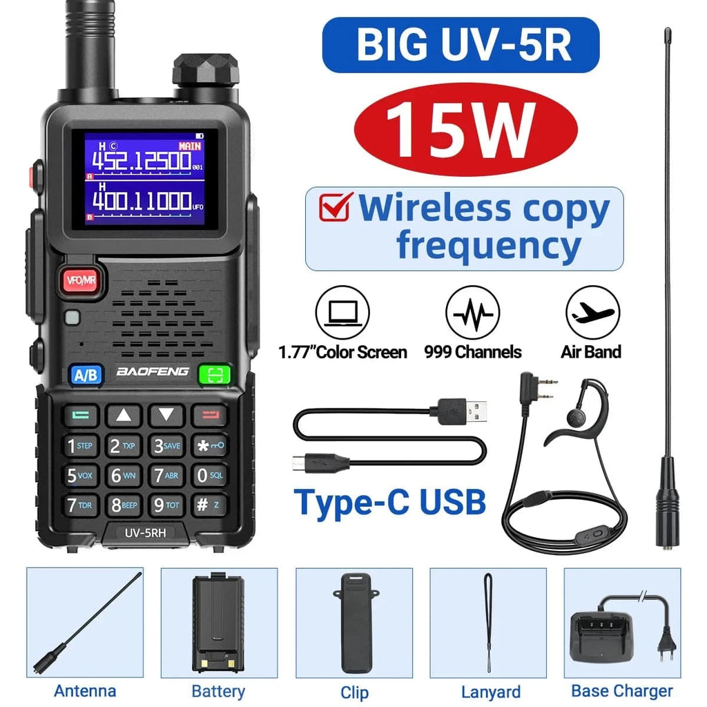 Baofeng UV-5RH Pro Max 15W Air Band Walkie Talkie Wirless Copy Frequency Tri-power Type-C NOAA Long Range 5RM Ham Two Way Radio-WAYBIKER