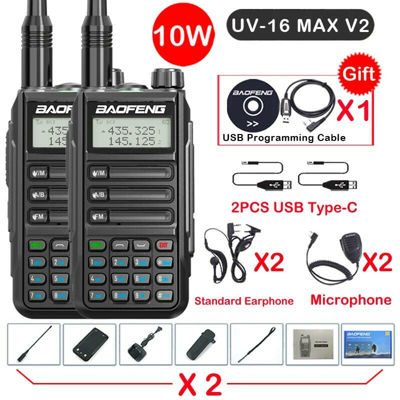 2Pack Baofeng UV16 MAX V2 Walkie Talkie 10W VHF UHF Dual Band Two Way CB Ham Radio UV-16 Portable Radio Transceiver UV5R UV10R-WAYBIKER