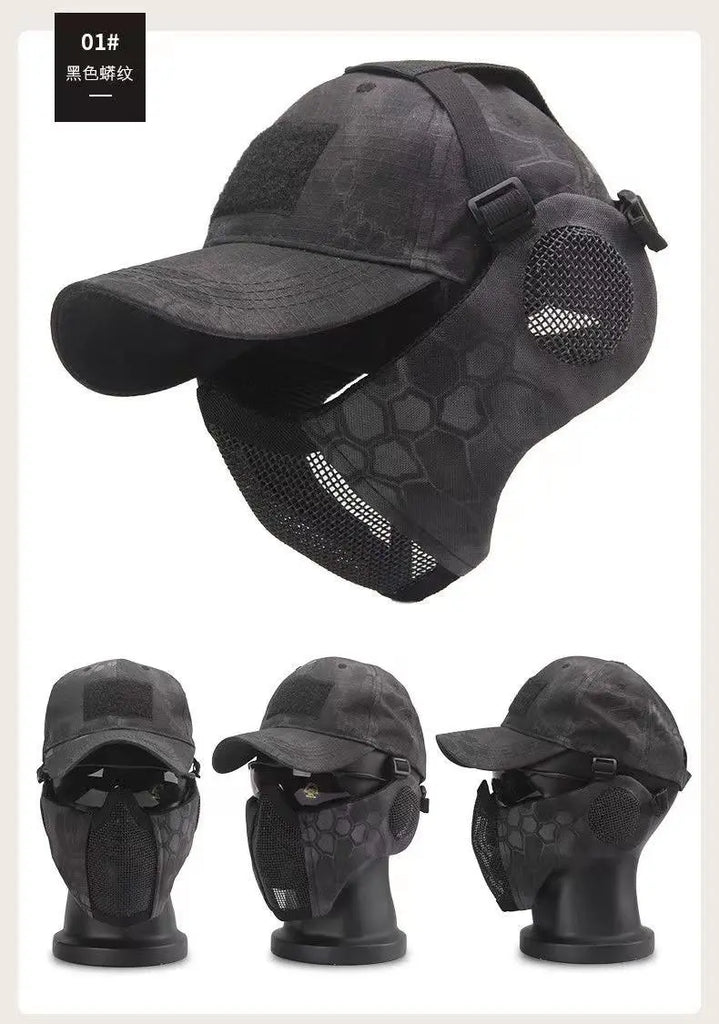 Tactical Foldable Masks Baseball Cap Adjustable Paintball Half Face Ow-Carbon Steel Mesh Mask Ear Protective for Airsoft Hunting-WAYBIKER