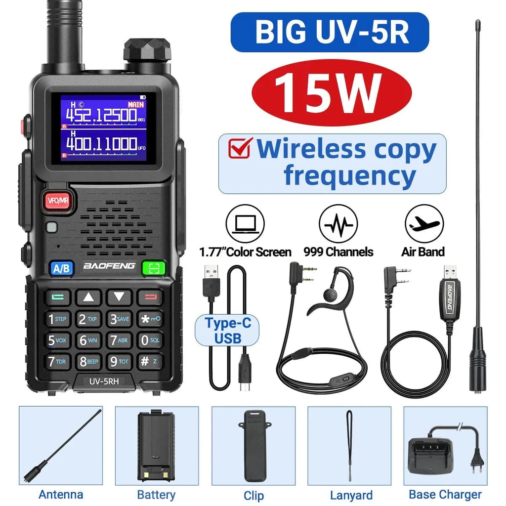 Baofeng UV-5RH Pro Max 15W Air Band Walkie Talkie Wirless Copy Frequency Tri-power Type-C NOAA Long Range 5RM Ham Two Way Radio-WAYBIKER