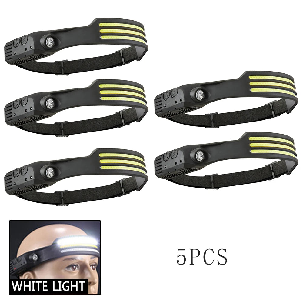 LED Sensor Headlamp 5 Lighting Mode COB Head Lamp Built-in Battery USB Rechargeable Headlight Outdoor Camping Fishing Lantern-WAYBIKER