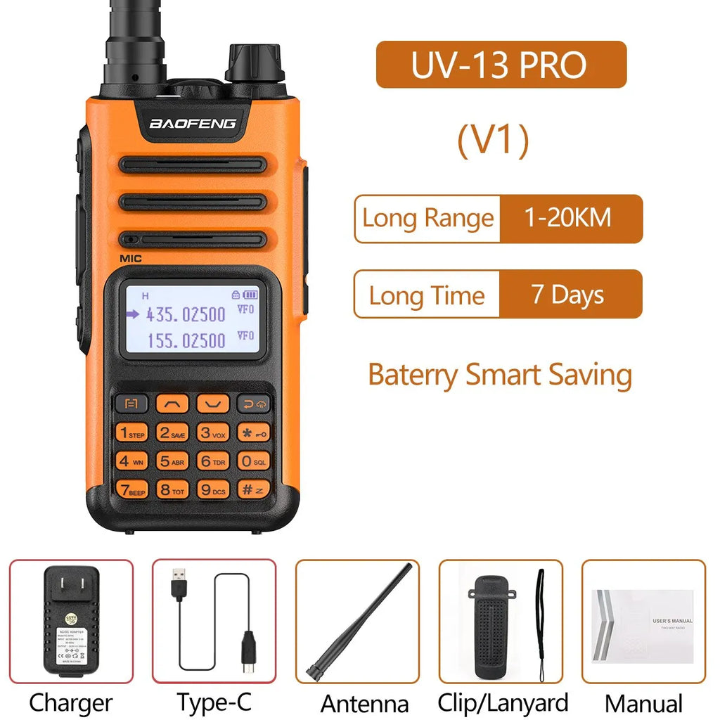 BaoFeng UV-13 PRO V1 V2 High Power Dual Band Walkie Talkie Type C Charger 16 KM Long Range UV13 Transceiver Ham Two Way Radio-WAYBIKER