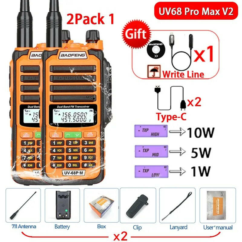 2Pack 10W Baofeng UV68 Pro Max V2 IP68 Waterproof Walkie Talkie High Power 711 Antenna VHF UHF Two Way Radio LongRange UV5R UV16-WAYBIKER