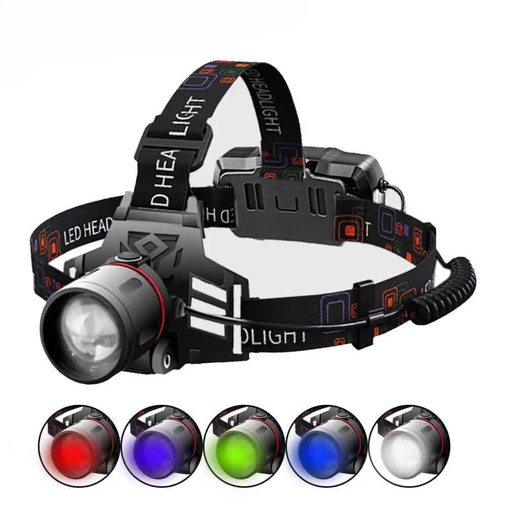 XML-T6 LED Headlamp 3-Mode Zoomable Headlight 18650 Head Torch Fishing Light White Red Blue Green 395nm UV Hunting Flashlight