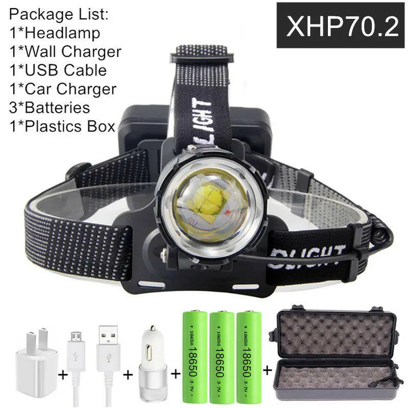 XHP70.2 XHP70 USB Headlight 90000LM Led Headlamp LED Rechargeable Head Torch Flashlight Lantern 3*18650 battery Powerbank