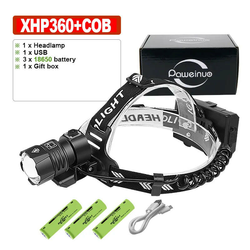 XHP360 Powerful LED Headlamp USB Rechargeable Head Lamp XHP90 Super Bright High Power Headlight 18650 Waterproof Head Flashlight