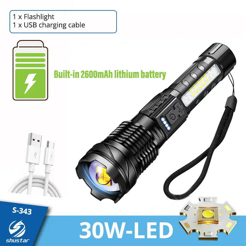 High-power LED Rechargeable Flashlight with 30W Lamp Beads Portable Torch 7 Lighting Modes Zoomable Waterproof Camping Light-WAYBIKER