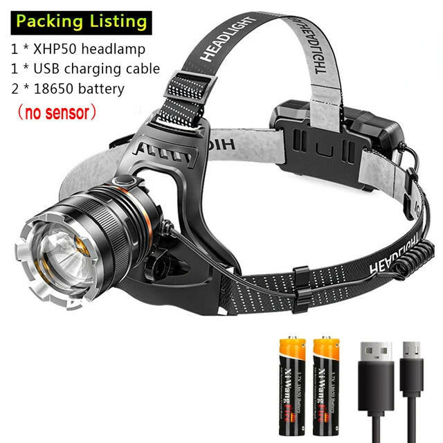 XHP50 Headlamp With Sensor Waterproof Head Light USB Rechargeable LED Zoom Lantern Fishing Searching Camping Head Flashlight