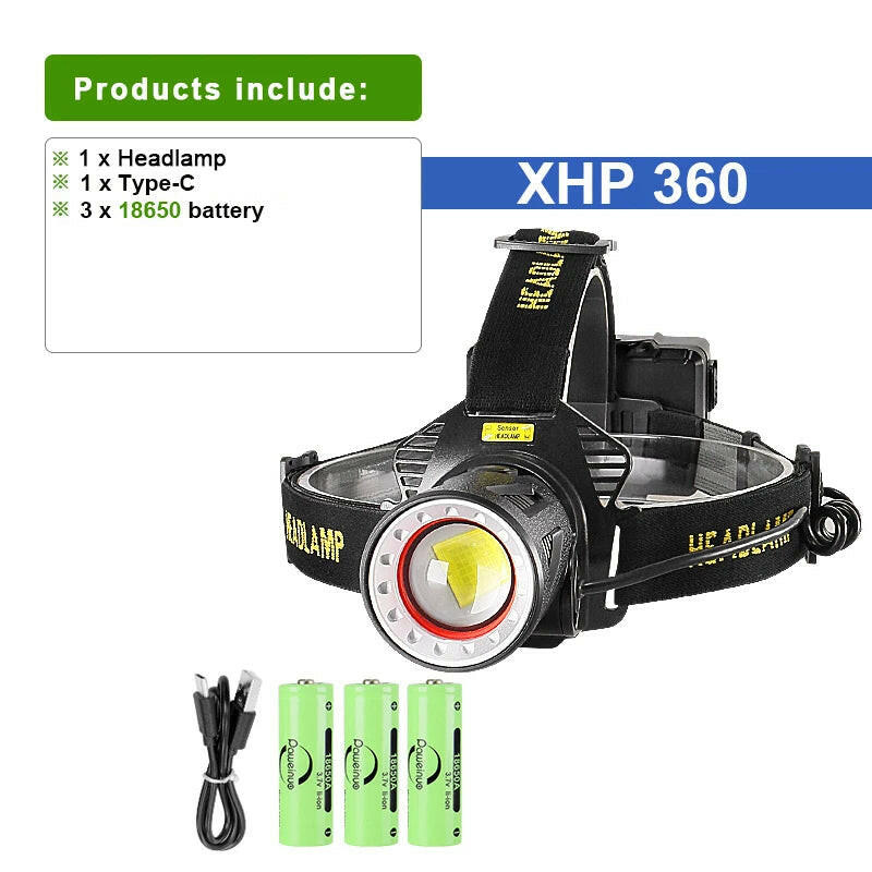 XHP360 Powerful Headlamp Usb Rechargeable Led Head Flashlight White Light Wide Range Headlight Led Head Lantern Fishing Hunting