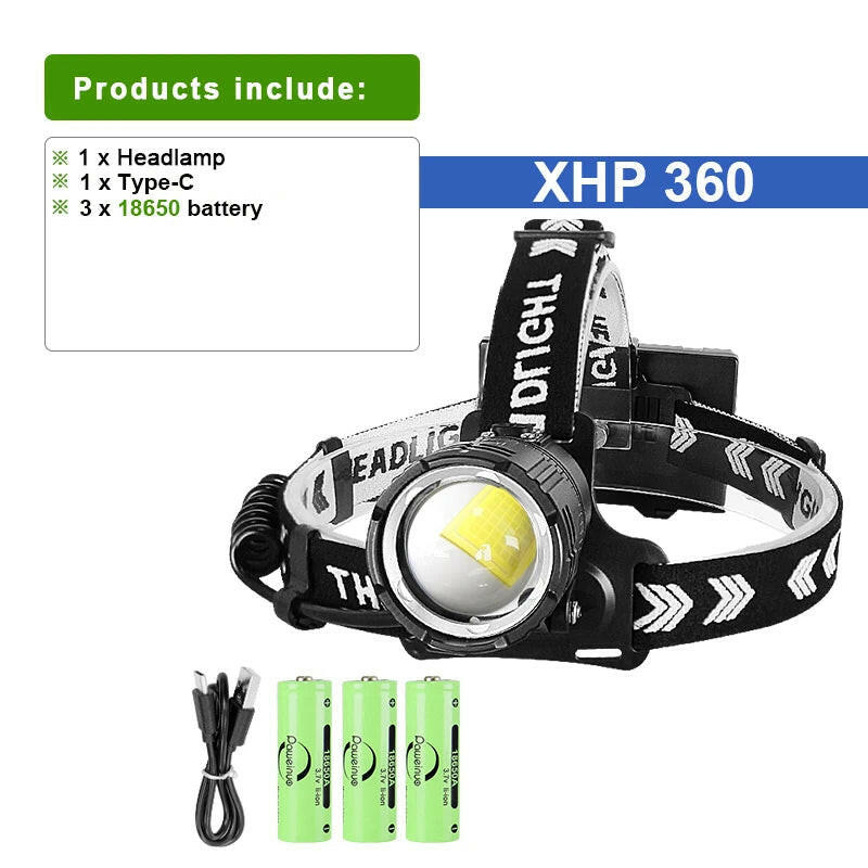 XHP360 High-Power LED Headlight High-Brightness USB Rechargeable Zoom IPX4 Waterproof Headlamp Camping Outdoor Work Head Lantern