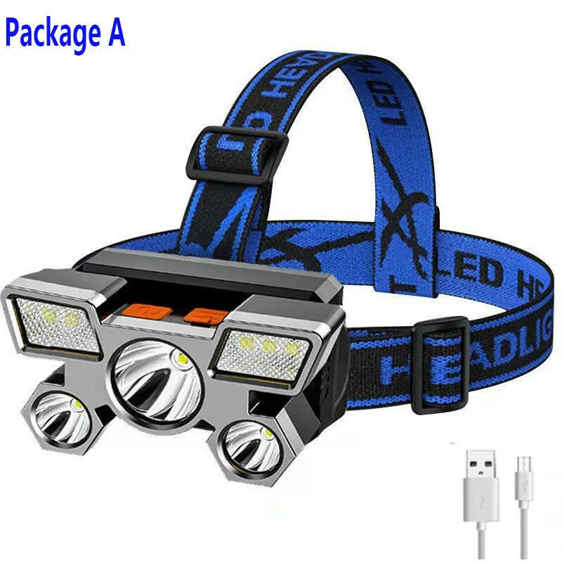 Rechargeable Five-Head LED Headlamp with Strong Lighting for Fishing and Mining, Long-Range and Super Bright, Equipped with Head-WAYBIKER